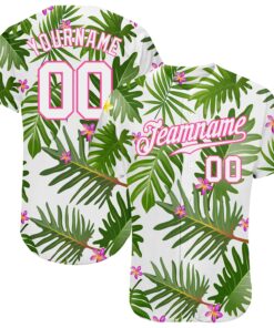 Custom White White-Pink 3D Pattern Design Tropical Palm Leaves Authentic Baseball Jersey