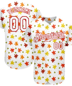 Custom White White-Red 3D Pattern Design Autumn Leaves Authentic Baseball Jersey