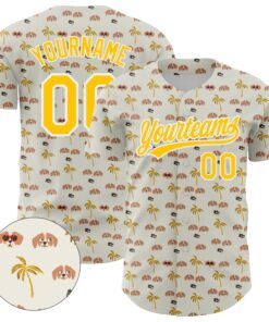 Custom White Yellow 3D Pattern Design Animal Dog And Hawaii Palm Trees Authentic Baseball Jersey