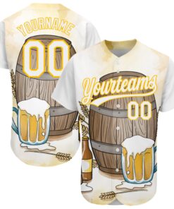 Custom White Yellow 3D Pattern Design International Beer Day Authentic Baseball Jersey