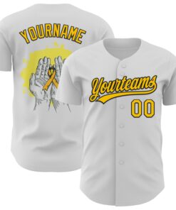 Custom White Yellow-Black 3D Childhood Cancer Gold Ribbon Authentic Baseball Jersey