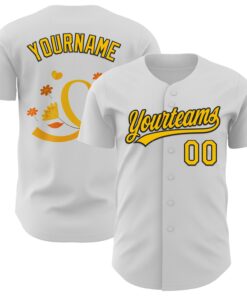 Custom White Yellow-Black 3D Childhood Cancer Gold Ribbon Authentic Baseball Jersey