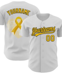 Custom White Yellow-Black 3D Childhood Cancer Gold Ribbon Authentic Baseball Jersey