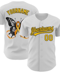 Custom White Yellow-Black 3D Childhood Cancer Gold Ribbon Authentic Baseball Jersey