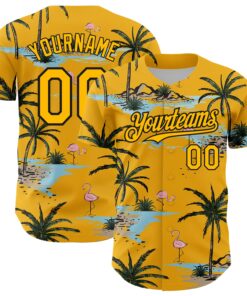 Custom Yellow Black 3D Pattern Design Tropical Hawaii Palm Trees Authentic Baseball Jersey