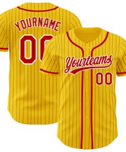 Custom Yellow Black Pinstripe Red-White Authentic Baseball Jersey