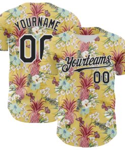 Custom Yellow Black-White 3D Hawaii Tropical Leaves Flower Pineapple Authentic Baseball Jersey