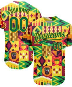 Custom Yellow Kelly Green 3D Pattern Design African Happy Kwanzaa Authentic Baseball Jersey