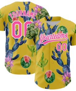 Custom Yellow Pink-White 3D Pattern Design Cactus Festival Authentic Baseball Jersey