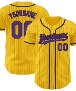 Custom Yellow Purple Pinstripe Black Authentic Baseball Jersey