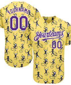 Custom Yellow Purple-White 3D Pattern Design Monkey Authentic Baseball Jersey
