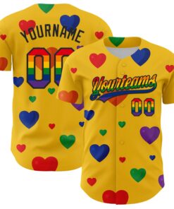 Custom Yellow Rainbow-Black 3D Love Heart Valentine's Day Authentic Baseball Jersey