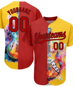 Custom Yellow Red-Black 3D Pattern Design Music Festival Watercolor Guitar Authentic Baseball Jersey