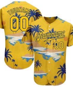 Custom Yellow Royal 3D Pattern Design Sun Beach Hawaii Palm Trees Authentic Baseball Jersey
