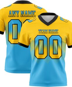 Custom Yellow Sky Blue-Black Mesh Authentic Gradient Square Shape Flag Football Jersey