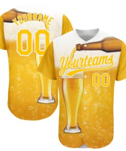 Custom Yellow White 3D Pattern Design Beer Authentic Baseball Jersey