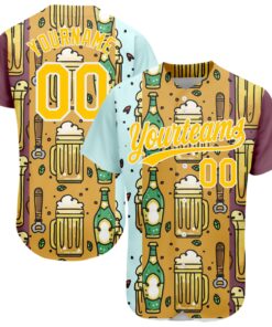 Custom Yellow White 3D Pattern Design Beer Festival Authentic Baseball Jersey
