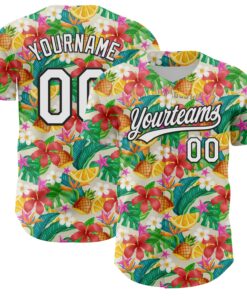 Custom Yellow White-Black 3D Hawaii Tropical Palm Leaves Flower And Fruit Pineapple Authentic Baseball Jersey