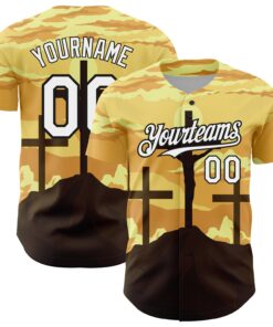 Custom Yellow White-Black 3D Pattern Design Religion Cross Jesus Christ Good Friday Authentic Baseball Jersey
