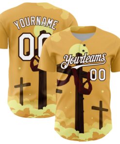 Custom Yellow White-Brown 3D Pattern Design Religion Cross Jesus Christ Good Friday Authentic Baseball Jersey