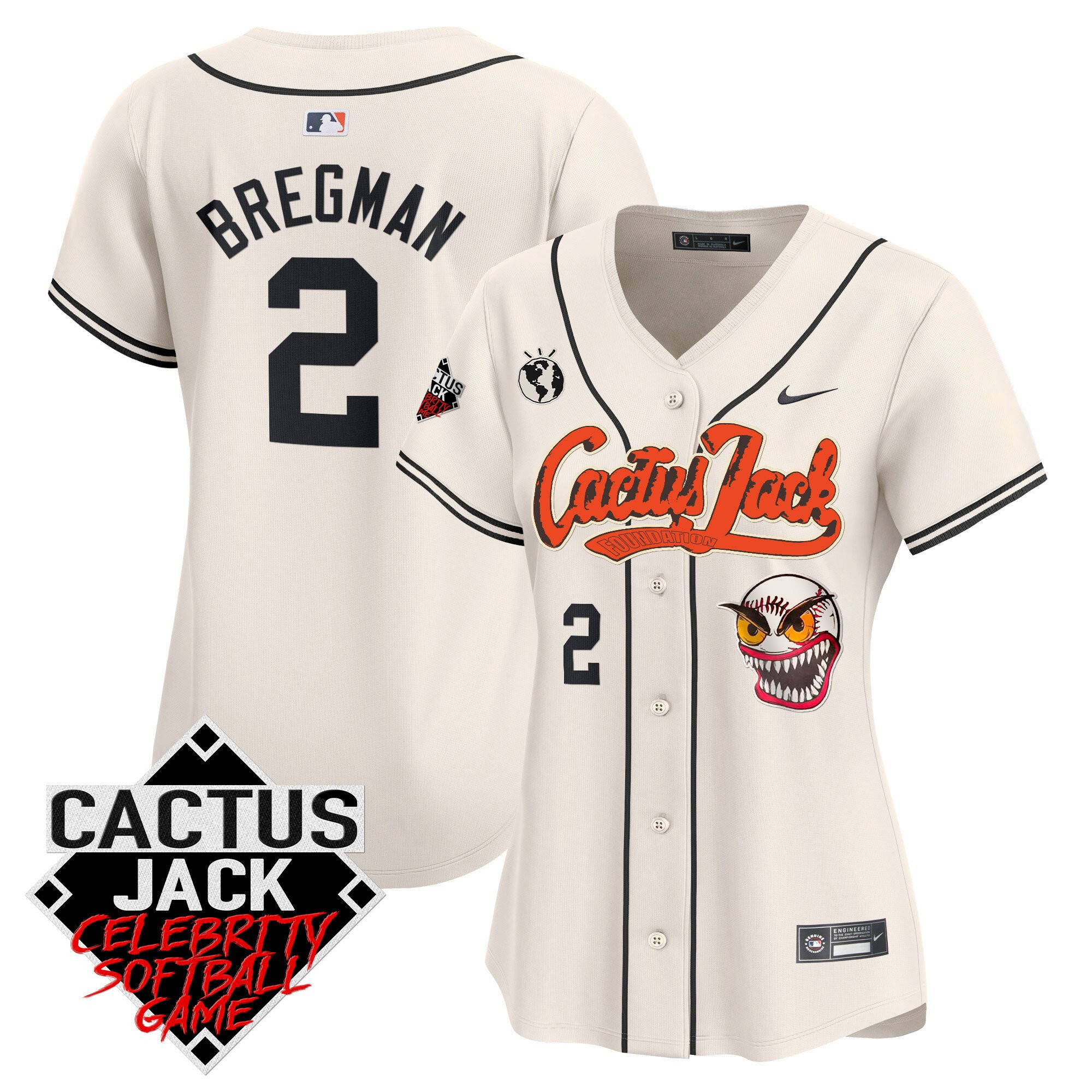 Alex Bregman 2 Houston Astros Cactus Jack Celebrity Softball Game Patch Women Jersey - Cream
