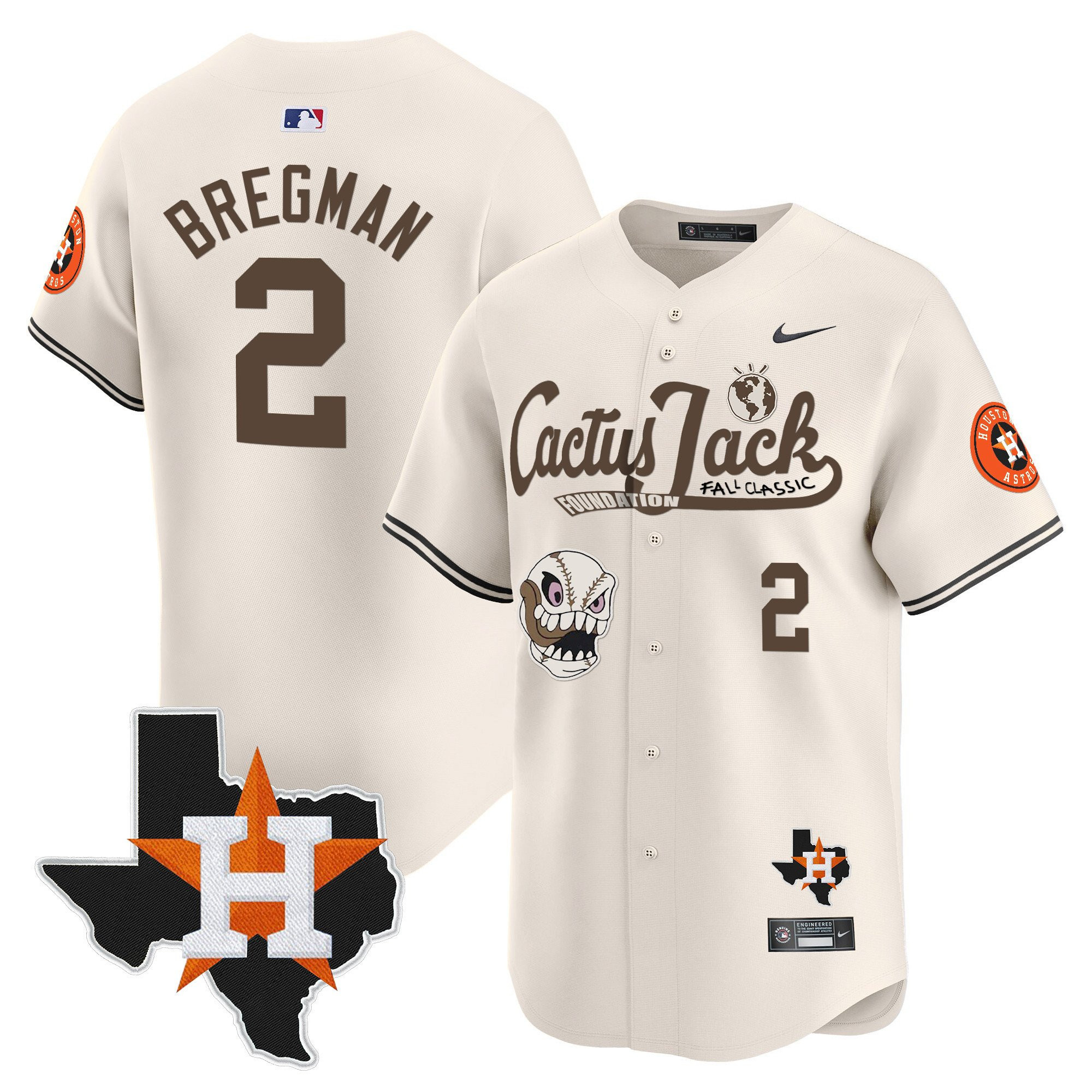 Alex Bregman 2 Houston Astros Cactus Jack Foundation Fall Classic Limited Jersey - Men, Cream 