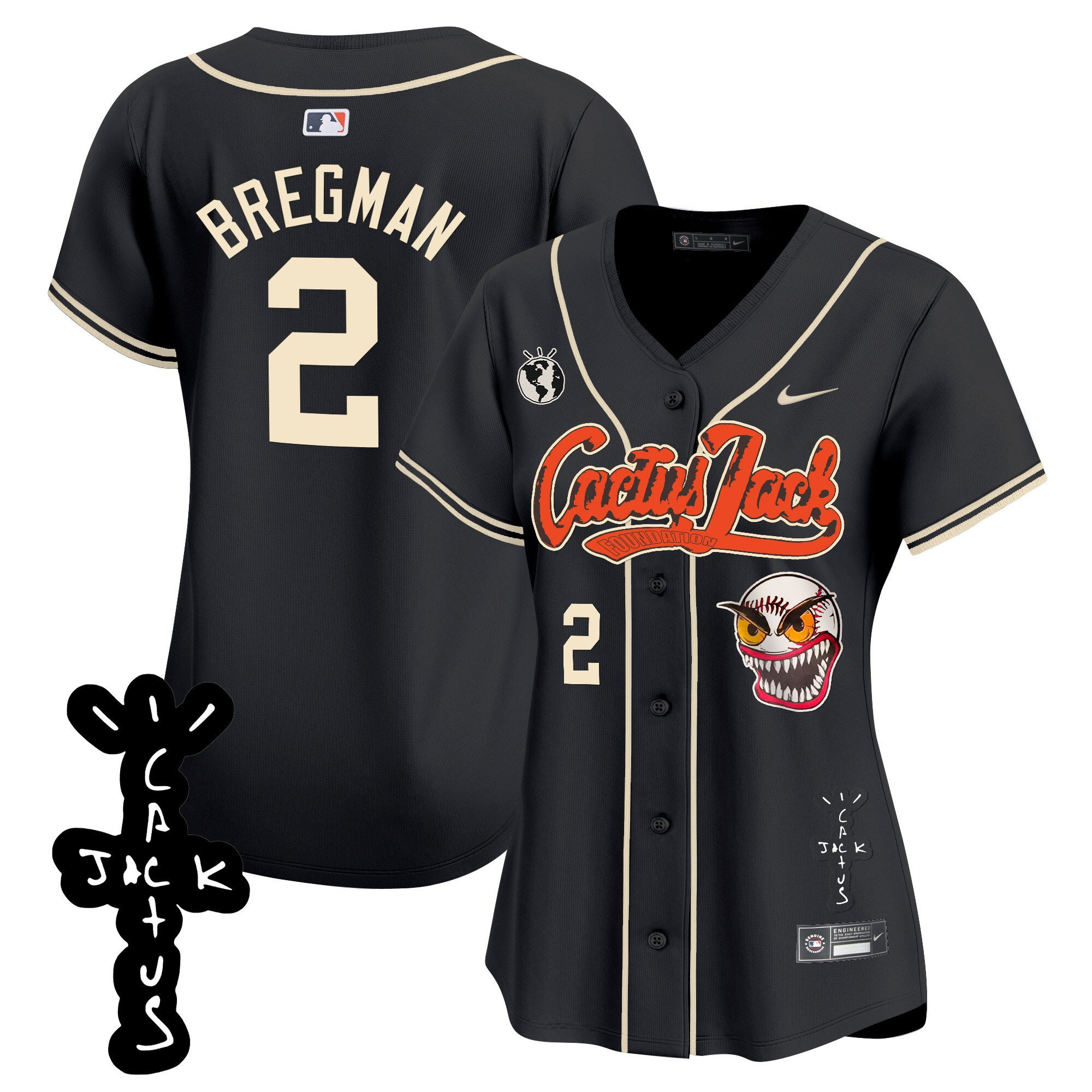 Alex Bregman 2 Houston Astros Cactus Jack Patch V2 Women Jersey - Black