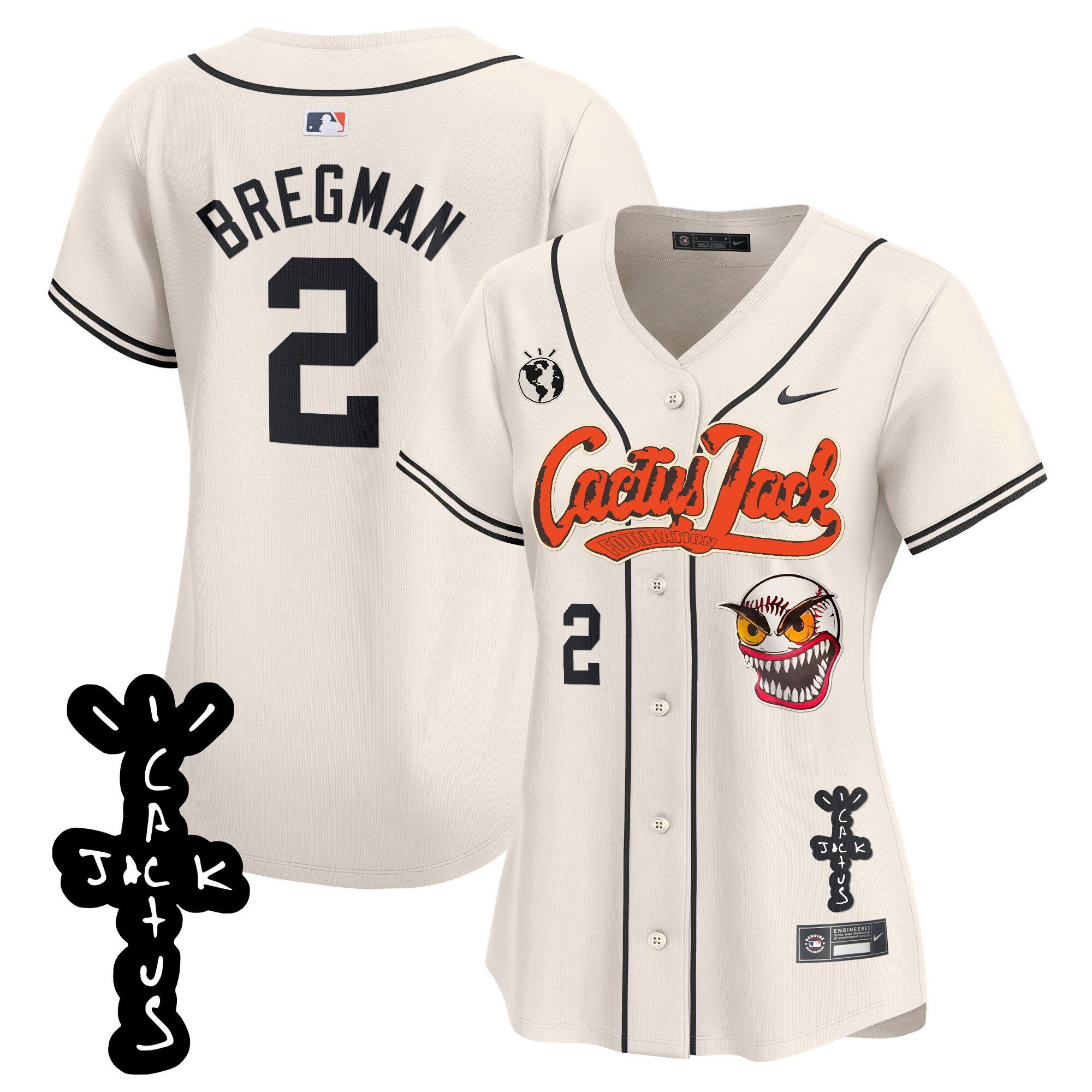 Alex Bregman 2 Houston Astros Cactus Jack Patch V2 Women Jersey - Cream