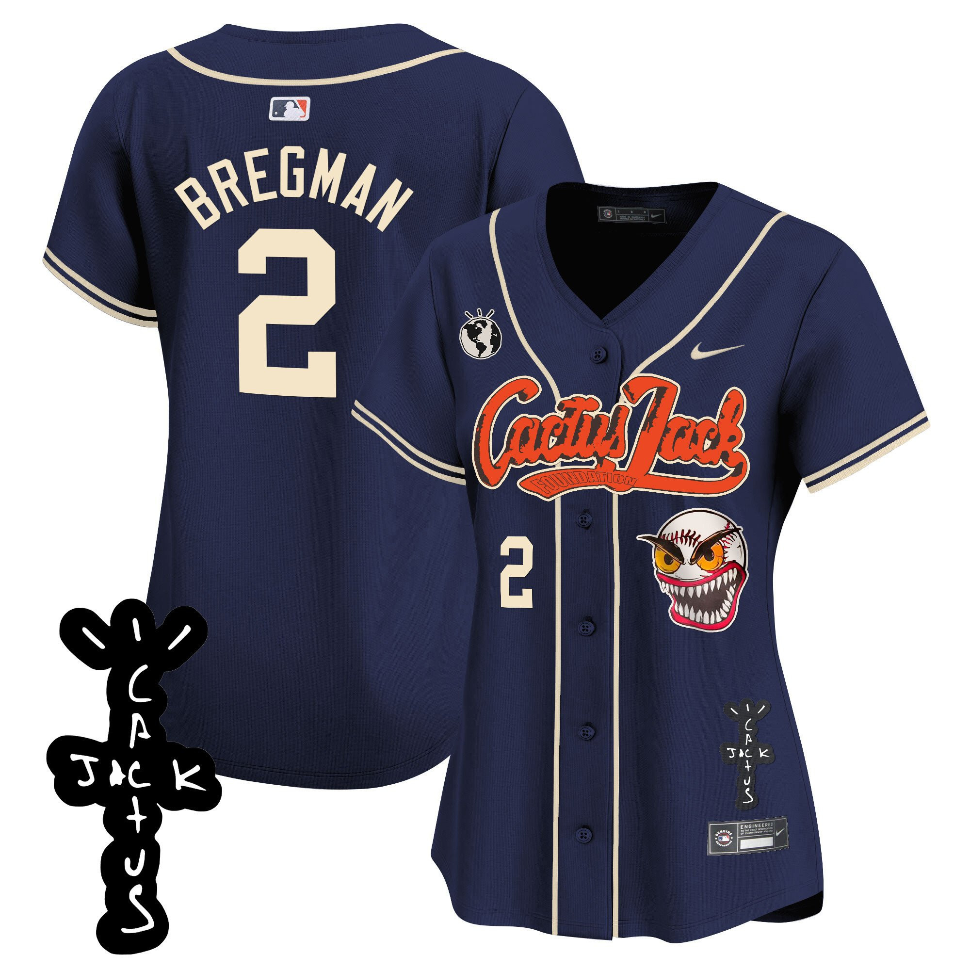Alex Bregman 2 Houston Astros Cactus Jack Patch V2 Women Jersey - Navy