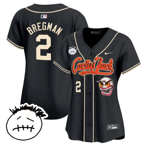 Alex Bregman 2 Houston Astros Cactus Jack Patch V3 Women Jersey - Black