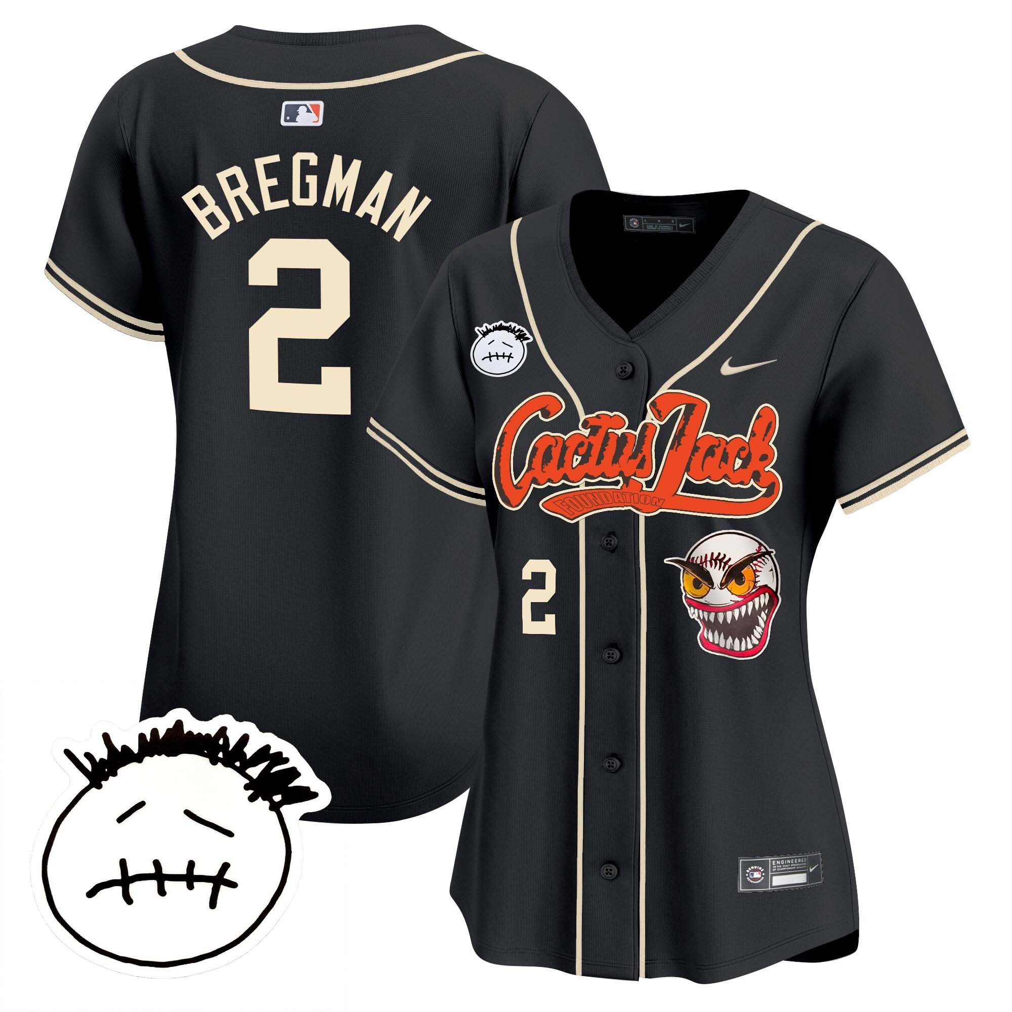 Alex Bregman 2 Houston Astros Cactus Jack Patch V3 Women Jersey - Black