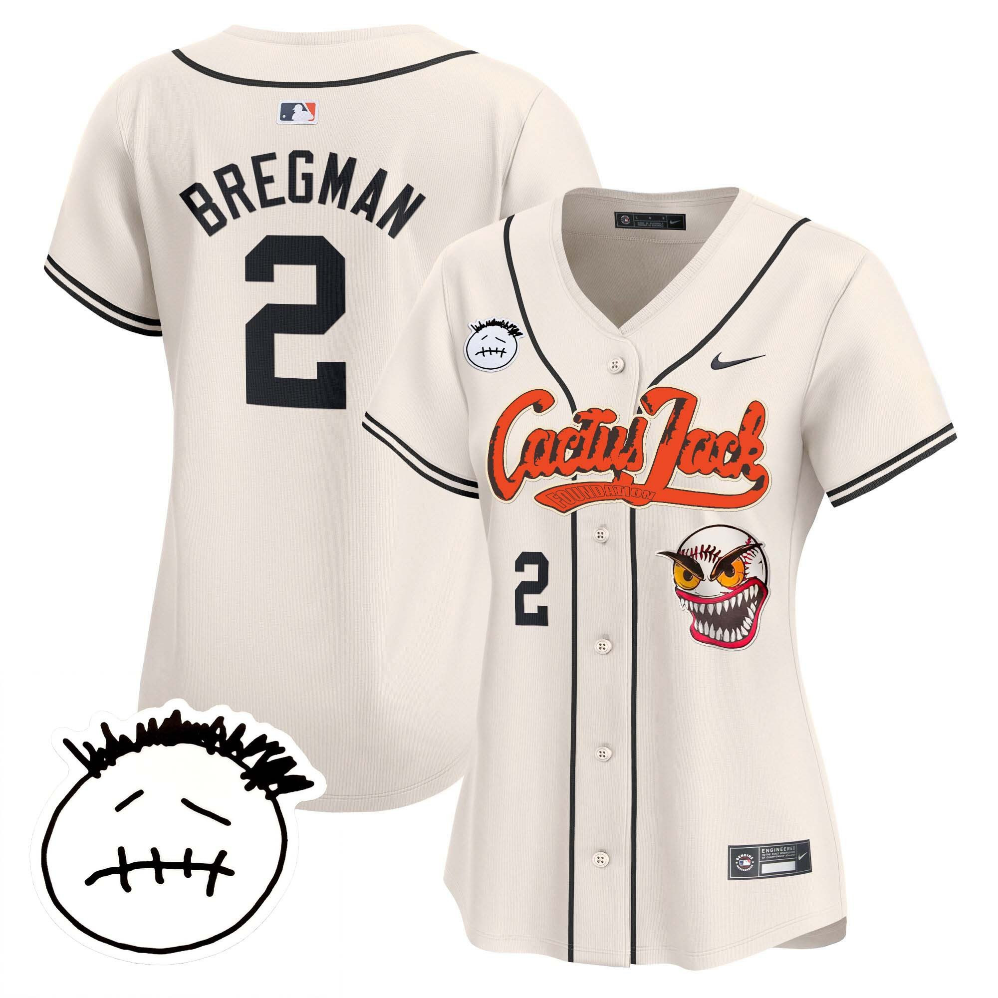 Alex Bregman 2 Houston Astros Cactus Jack Patch V3 Women Jersey - Cream