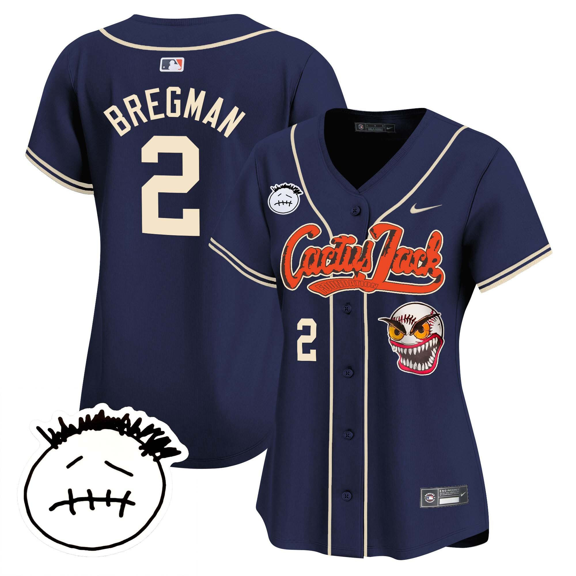 Alex Bregman 2 Houston Astros Cactus Jack Patch V3 Women Jersey - Navy