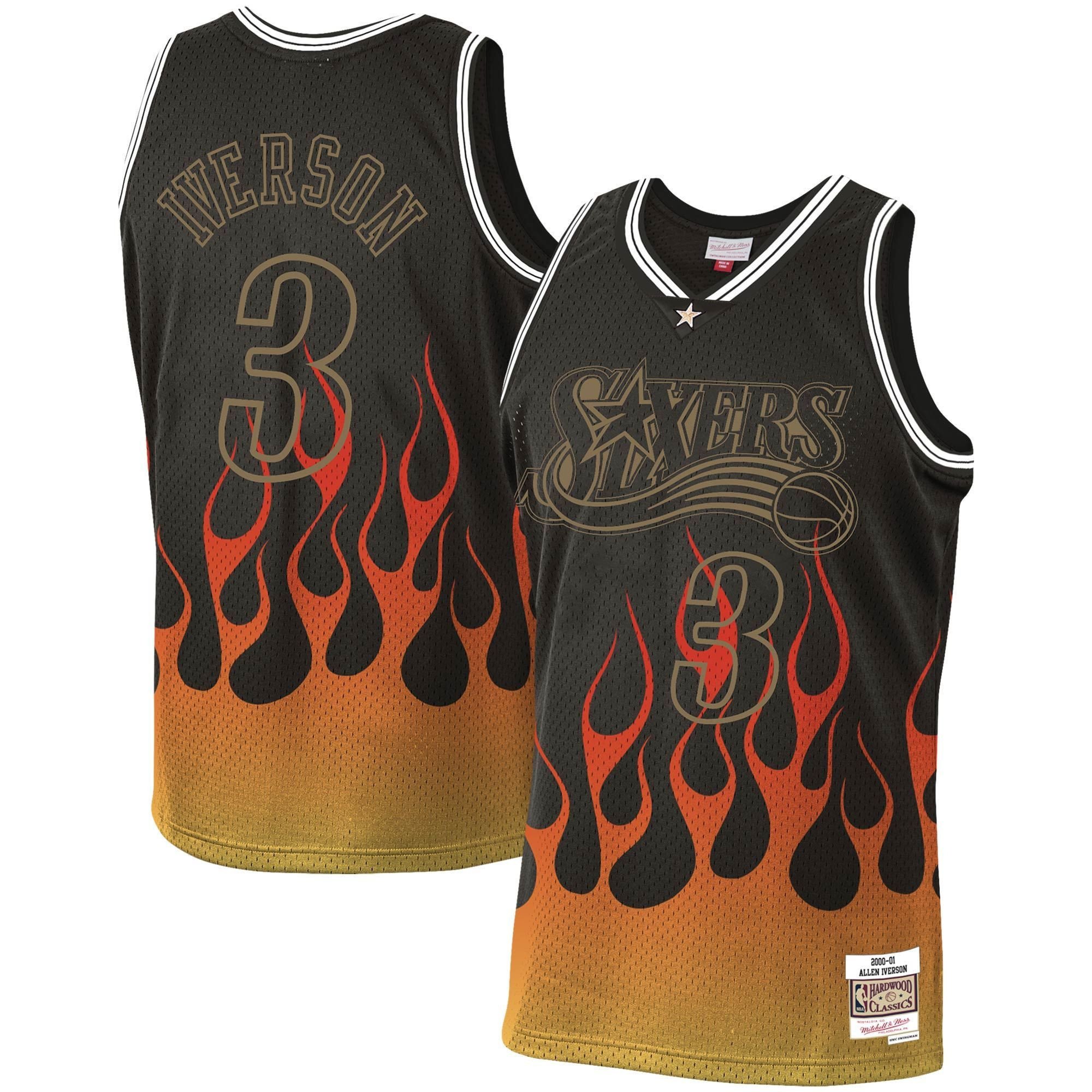Allen Iverson Philadelphia 76ers Mitchell & Ness 2000-01 Hardwood Classics Flames Swingman Jersey â€“ Black - JS598
