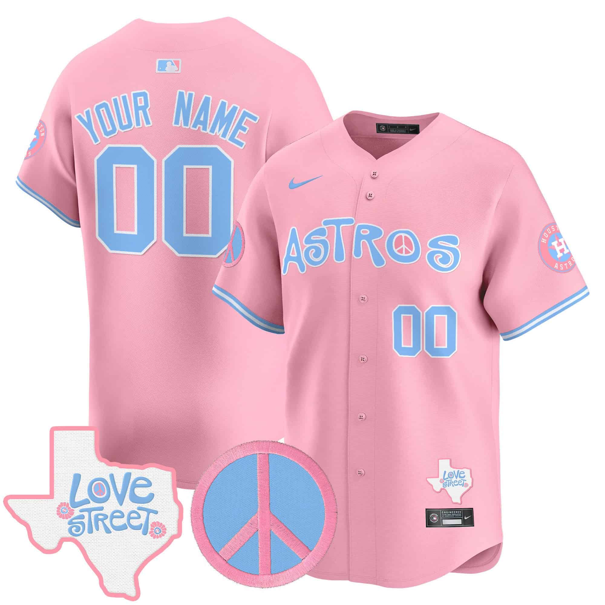 Astros Love Street & Peace Sign Patch Bubblegum Pink Vapor Premier Limited Custom Jersey