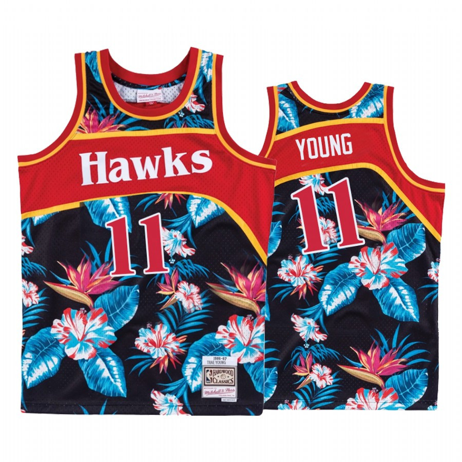 Atlanta Hawks Trae Young 11 Black Hardwood Classics Floral Fashion Jersey - JS755