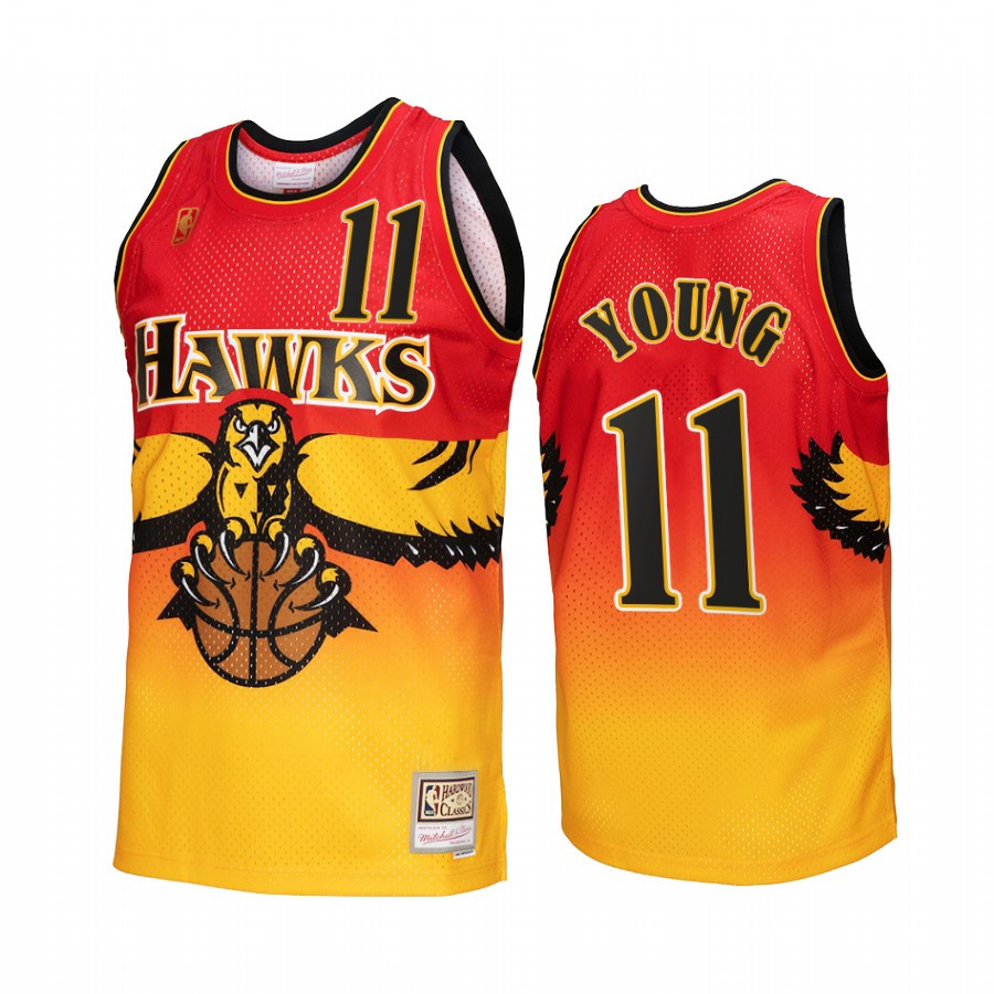 Atlanta Hawks Trae Young 11 Gold Red Fadeaway Men Jersey Hardwood Classics - JS164