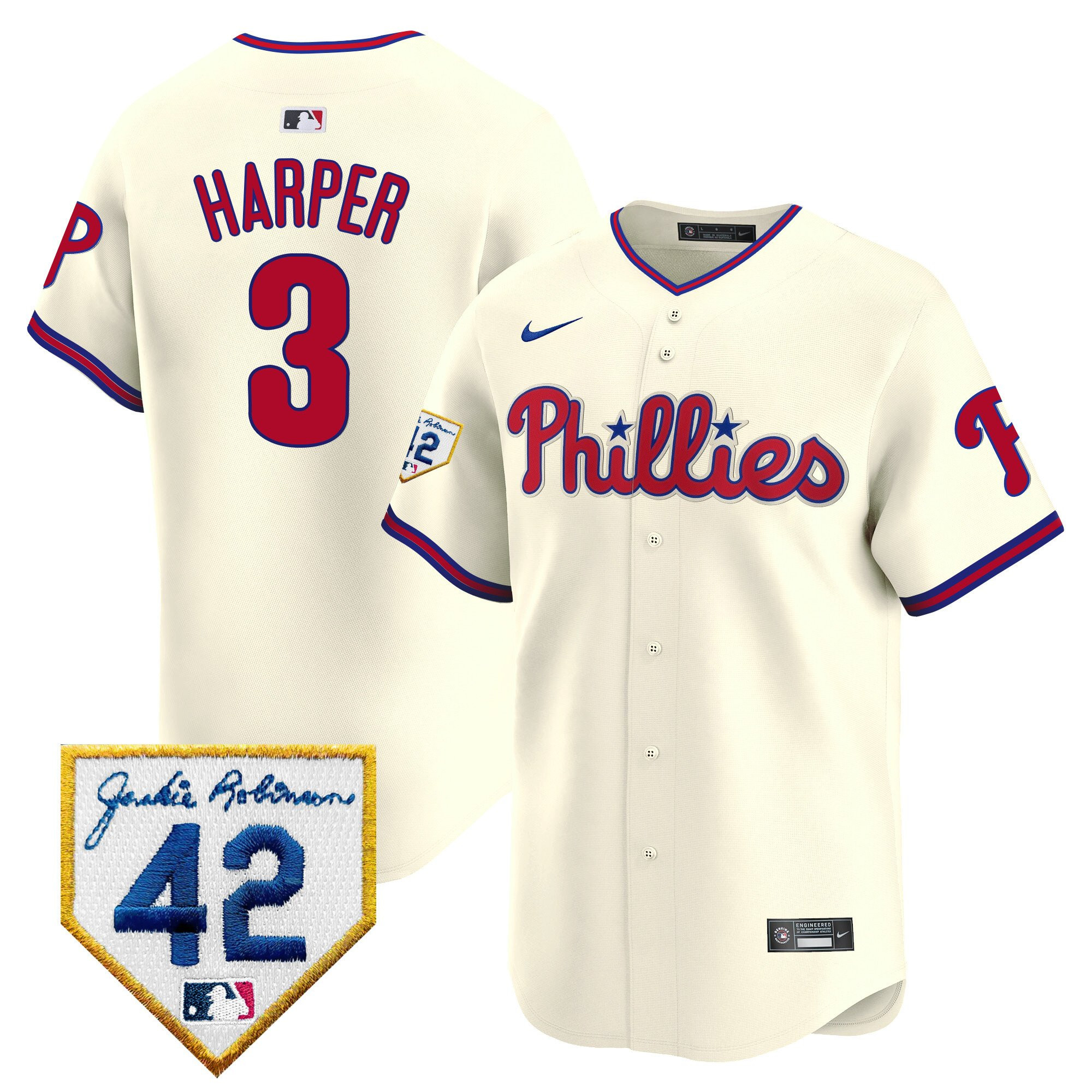 Bryce Harper 3 Philadelphia Phillies 2024 Jackie Robinson Patch Men Jersey - Cream