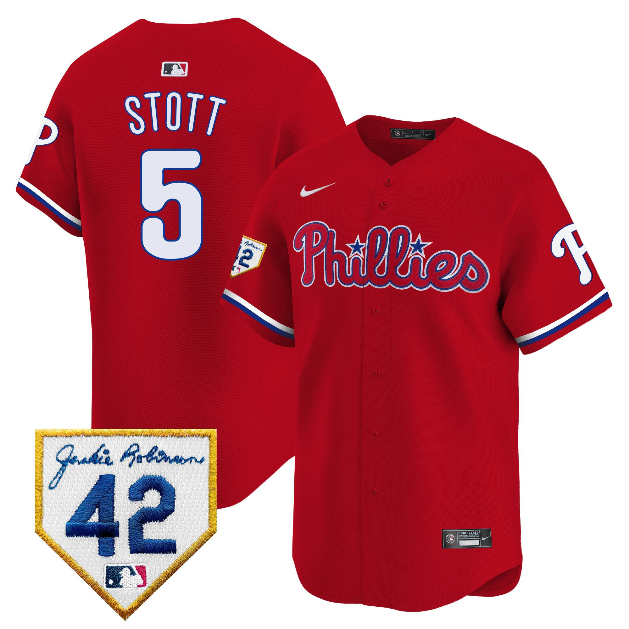 Bryson Stott 5 Philadelphia Phillies 2024 Jackie Robinson Patch Men Jersey - Red
