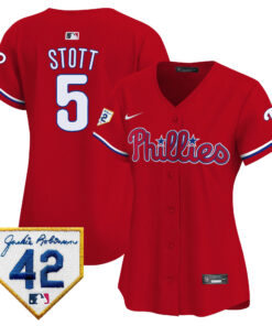 Bryson Stott 5 Philadelphia Phillies 2024 Jackie Robinson Patch Women Jersey - Red