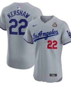 Clayton Kershaw 22 Los Angeles Dodgers 2024 World Series Road Elite Player Men Jersey - Gray