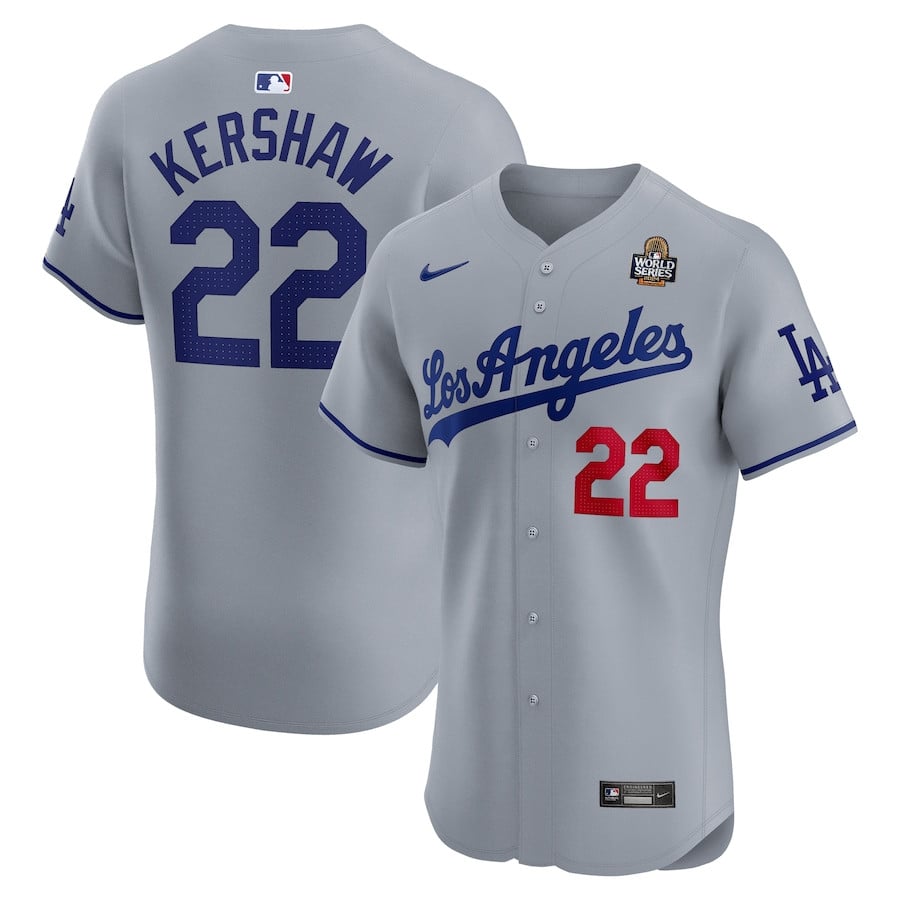 Clayton Kershaw 22 Los Angeles Dodgers 2024 World Series Road Elite Player Men Jersey - Gray