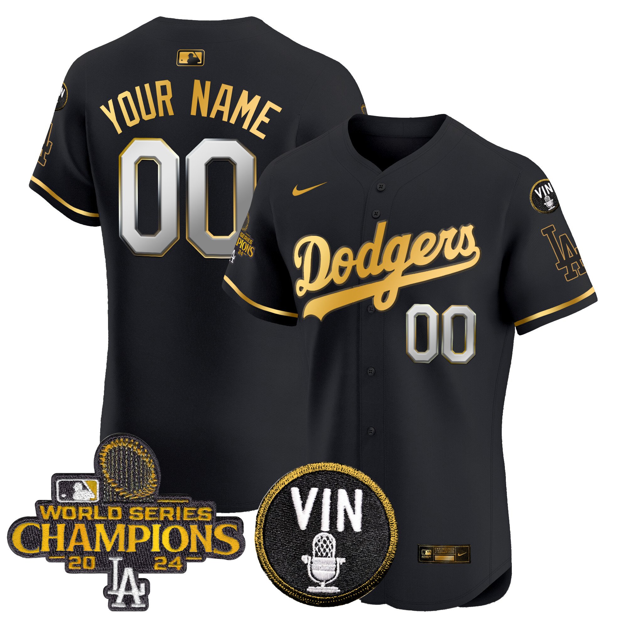 Dodgers 2024 World Series Champions Gold Trim Vapor Elite Custom Jersey