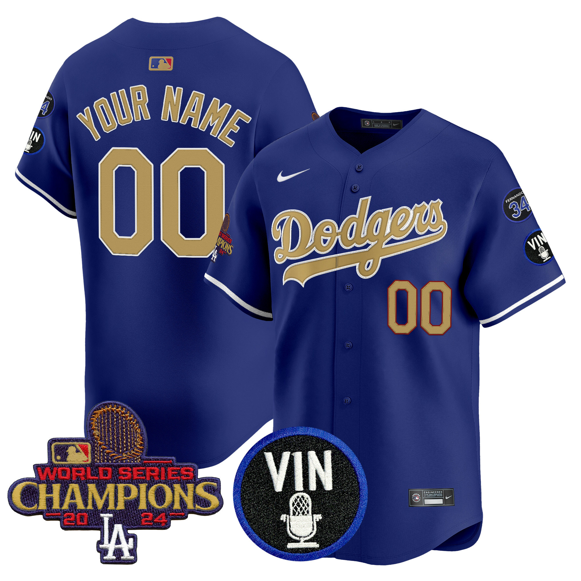 Dodgers 2025 Vin Scully & #34 Fernando Patch Gold Vapor Premier Limited Custom Jersey