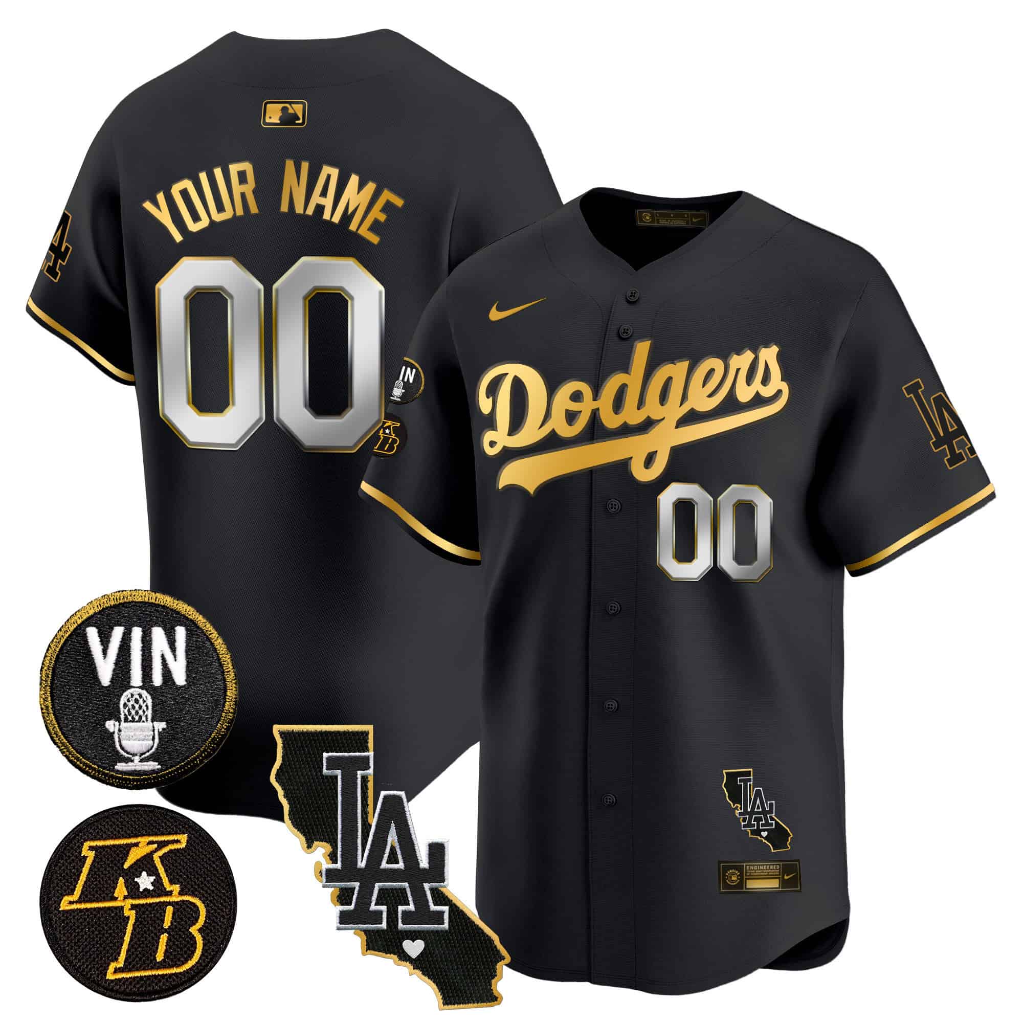 Dodgers Vin Patch & Kobe Bryant Gold Trim Vapor Premier Limited Custom Jersey V2
