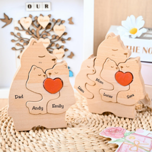 Personalized Wooden Bear Family Puzzle - Family Name Home Decor, Custom Single Parent Bear Statue