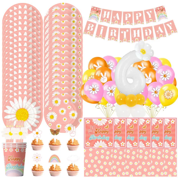 Daisy Birthday Party Decoration Daisy Flowers Paper Cups Plates Napkins Flag Banner Balloon Backdrop Straws Girls Party Supplies - Image 6