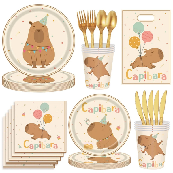 Capybara Disposable Tablewares Children's Birthday Party Baby Shower Plates Cups Tablecloth Flag Pulling Party Deco - Image 5