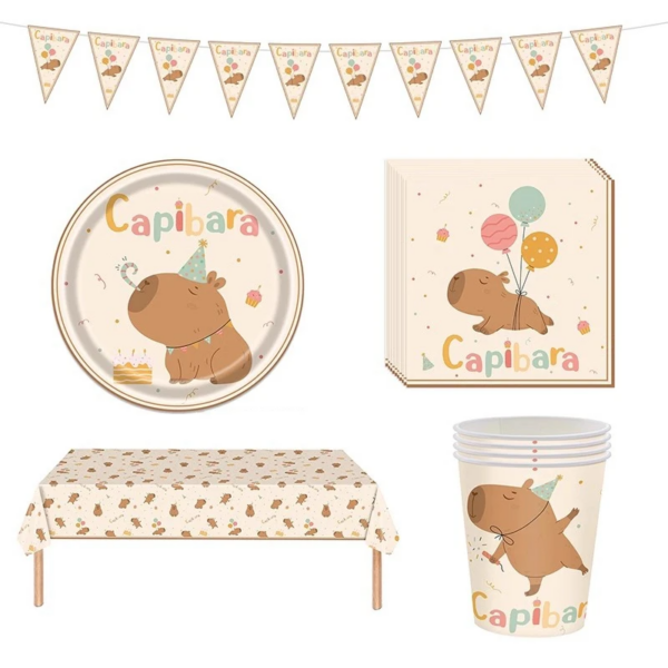 Capybara Disposable Tablewares Children's Birthday Party Baby Shower Plates Cups Tablecloth Flag Pulling Party Deco - Image 3