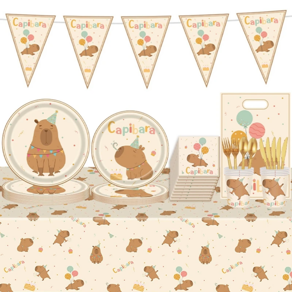 Capybara Disposable Tablewares Children's Birthday Party Baby Shower Plates Cups Tablecloth Flag Pulling Party Deco - Image 2